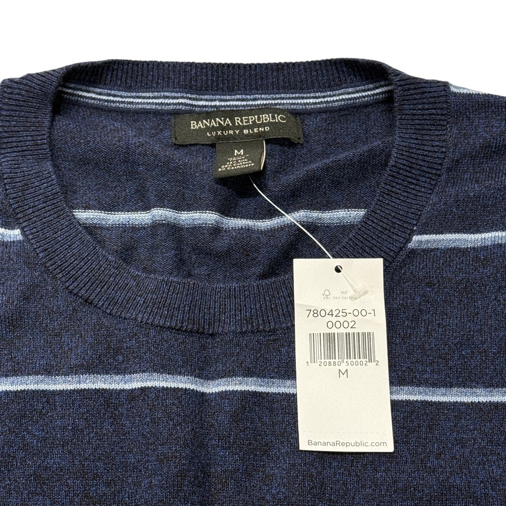 Banana Republic Silk Cotton Cashmere Striped Sweater Navy Blue Mens Medium New - Picture 4 of 11